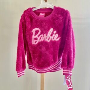 Barbie Girls Hot Pink Fuzzy Fleece Sweatshirt Embroidered Logo Wrap Hem 4T
